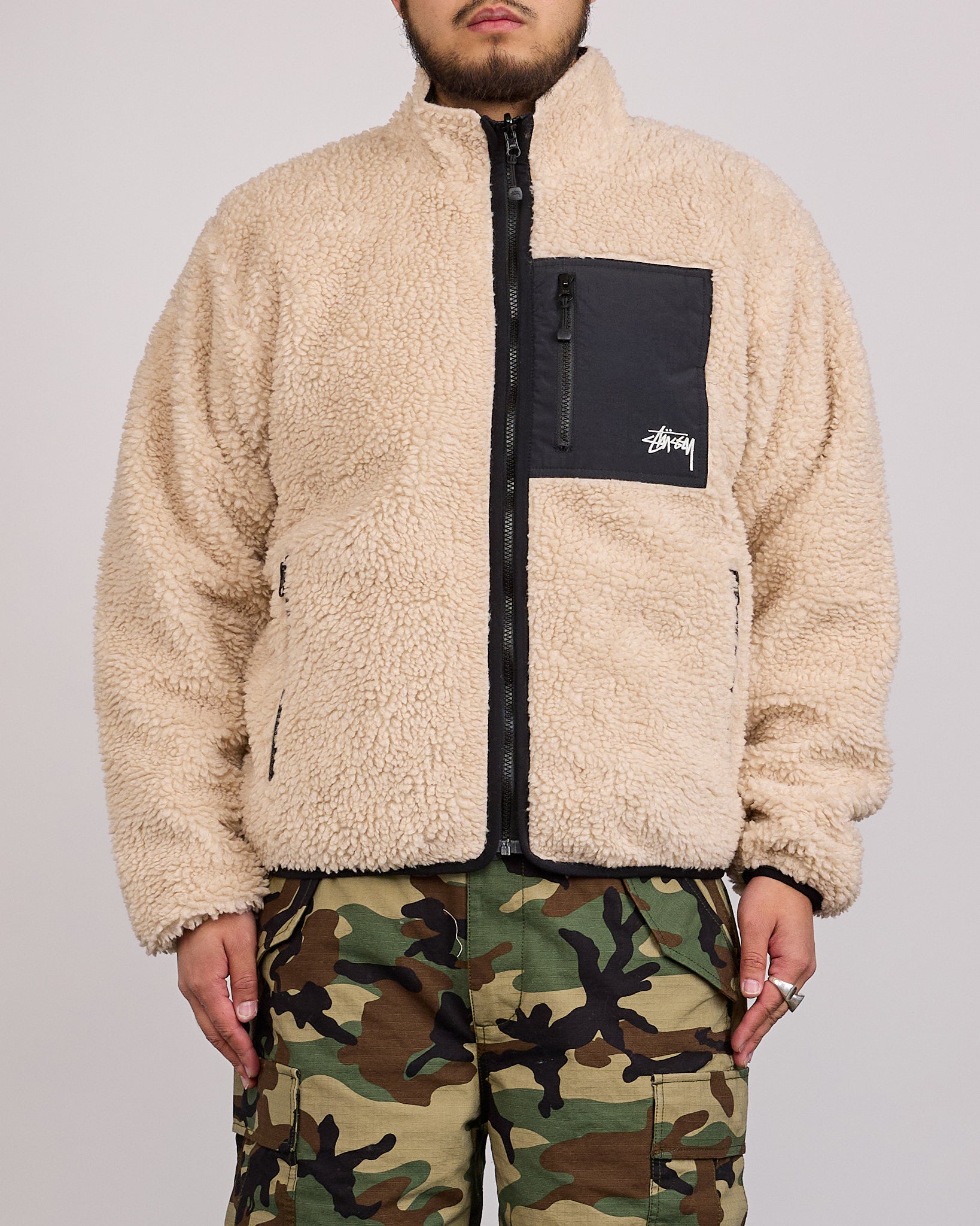 Stussy Sherpa Stand Collar Reversible Jacket Beige – LESS 17