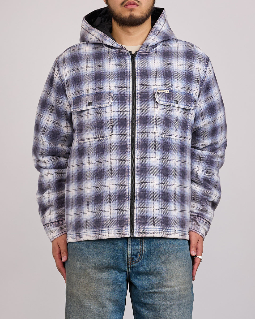 Stussy Zip Hooded Plaid Shirt Blue