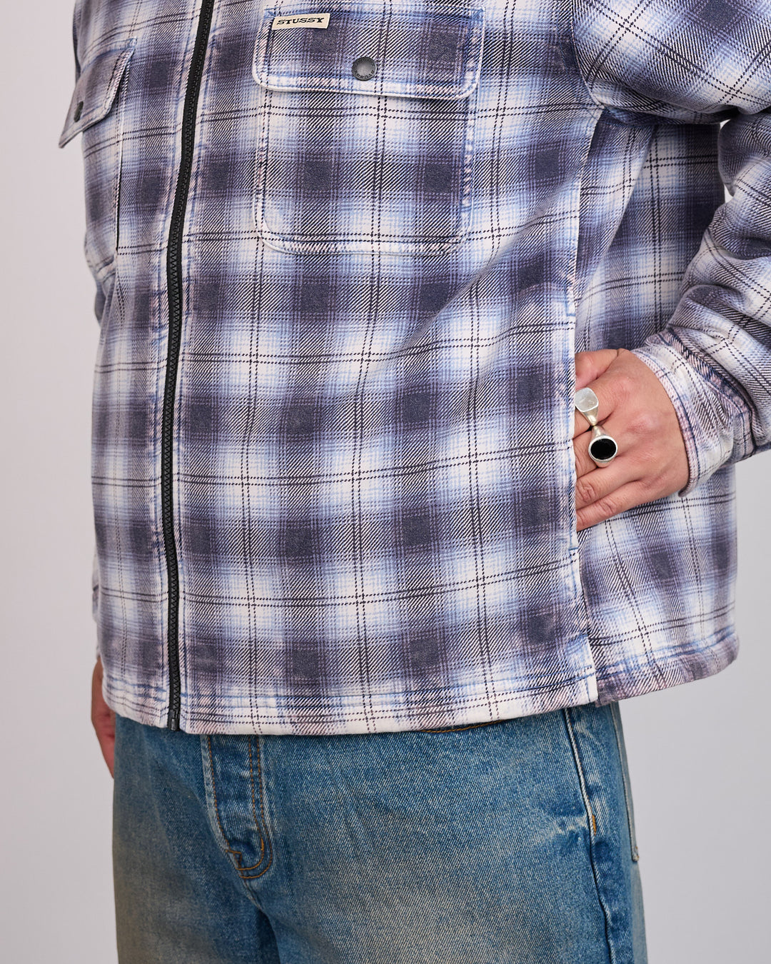 Stussy Zip Hooded Plaid Shirt Blue
