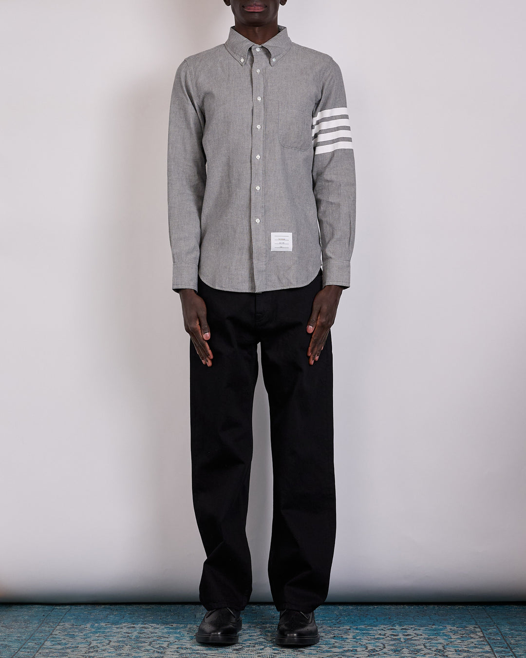 Thom Browne Classic Straight Fit 4 Bar Button Shirt Chambray Med Grey