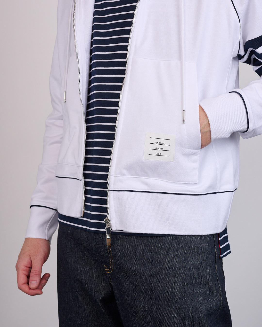 Thom Browne LT Loopback Contrast 4 Bar Zip Hoodie White Navy