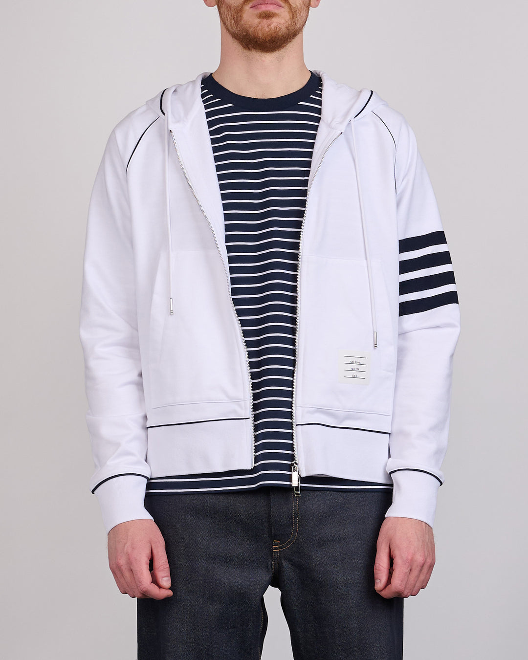 Thom Browne LT Loopback Contrast 4 Bar Zip Hoodie White Navy