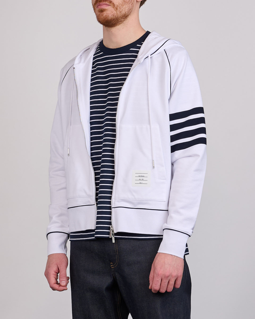 Thom Browne LT Loopback Contrast 4 Bar Zip Hoodie White Navy