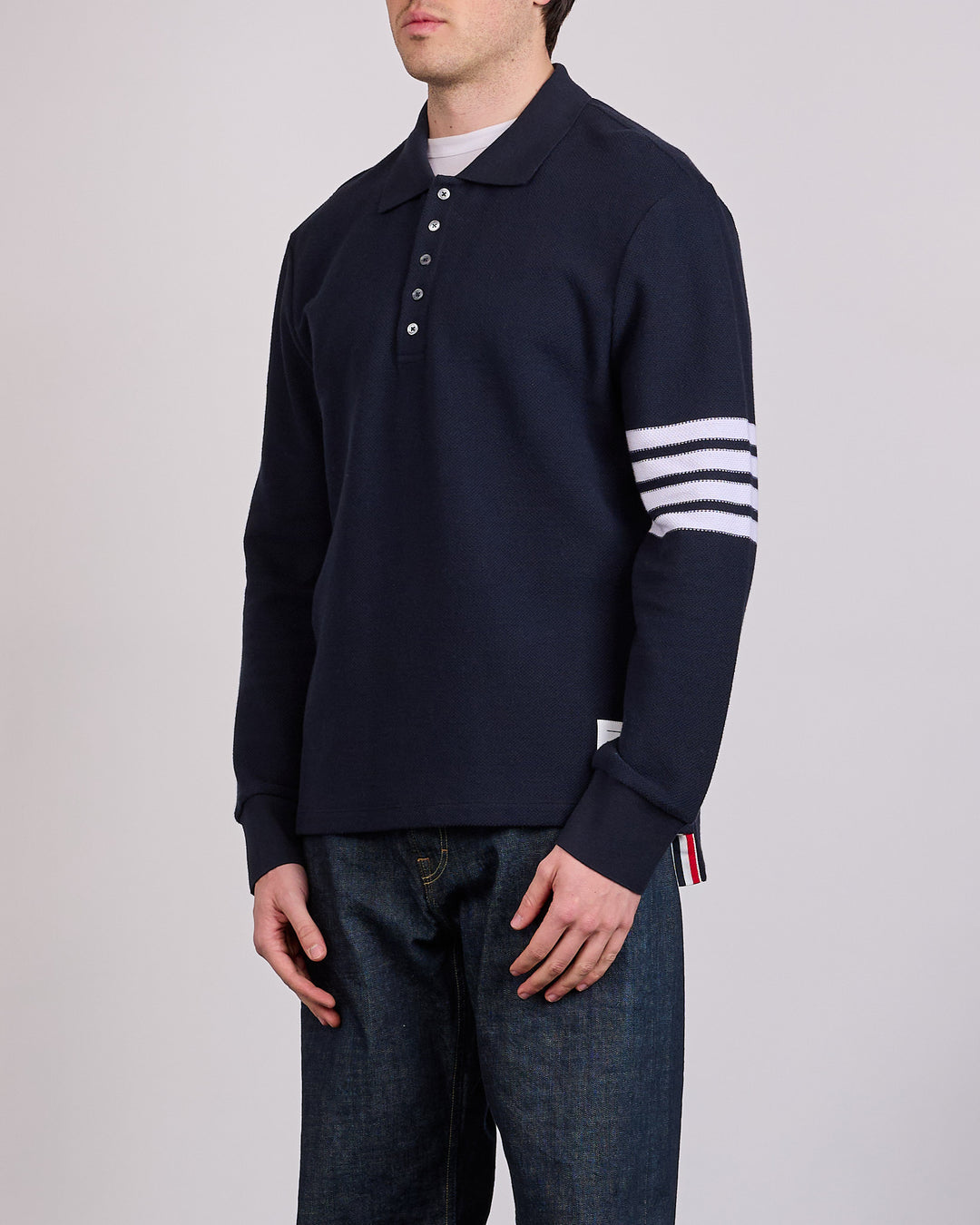 Thom Browne Pique Long Sleeve 4 Bar Polo Shirt Navy