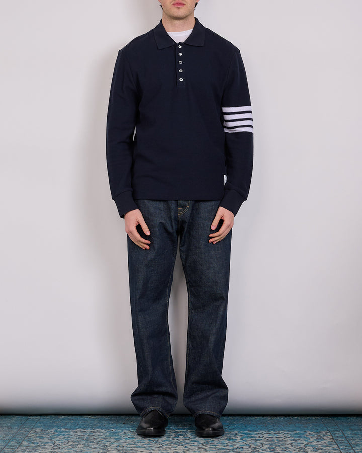 Thom Browne Pique Long Sleeve 4 Bar Polo Shirt Navy