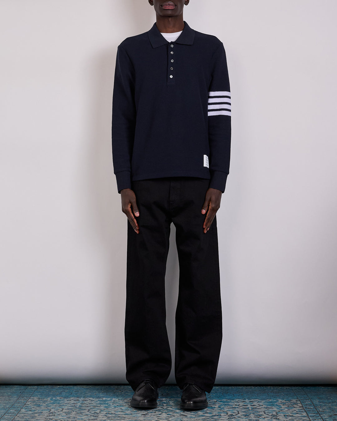 Thom Browne Pique Long Sleeve 4 Bar Polo Shirt Navy