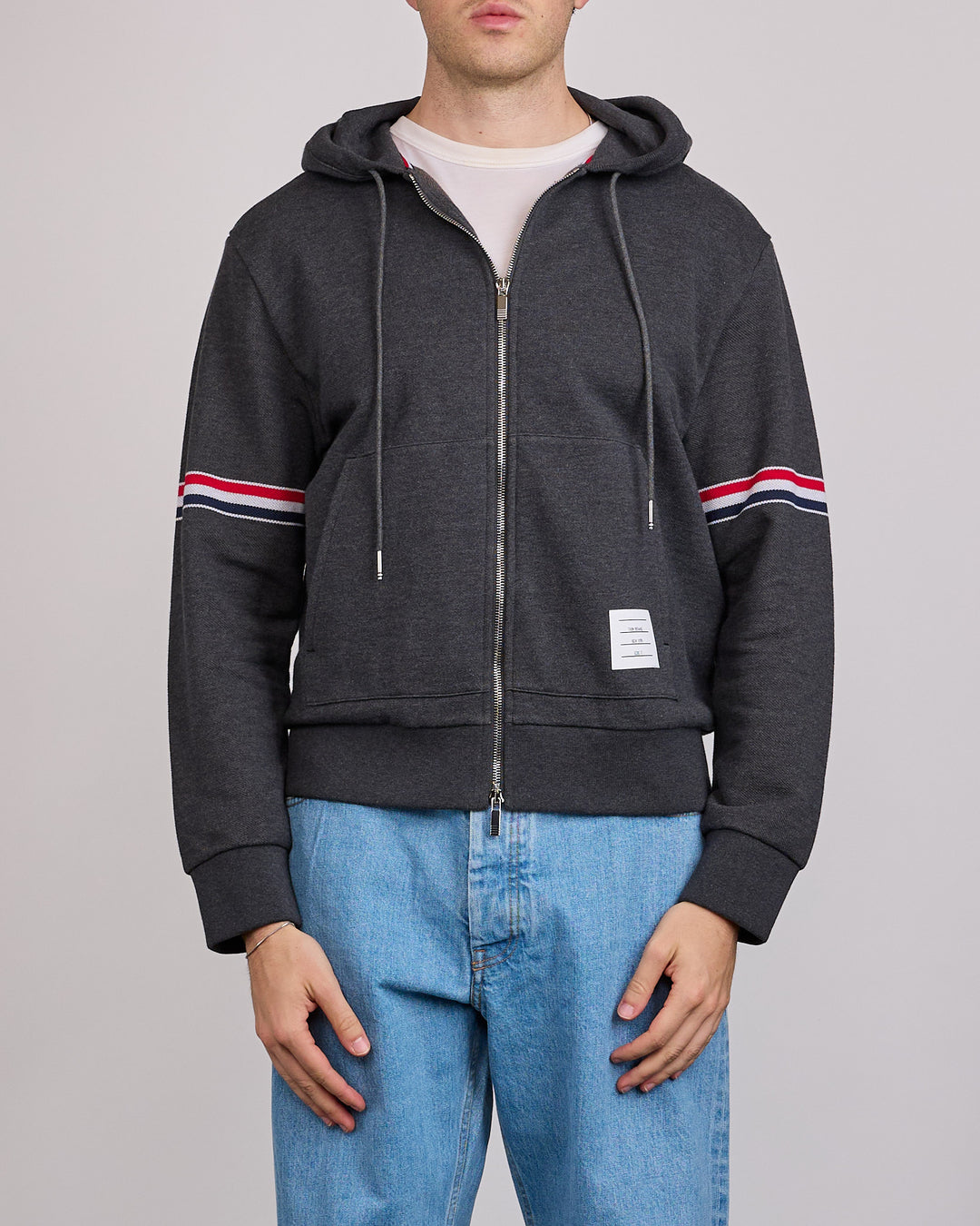 Thom Browne Pique Loopback RWB Stripe Zip Hoodie Charcoal