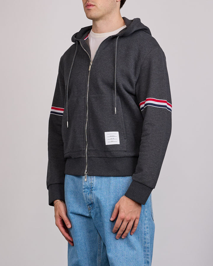 Thom Browne Pique Loopback RWB Stripe Zip Hoodie Charcoal