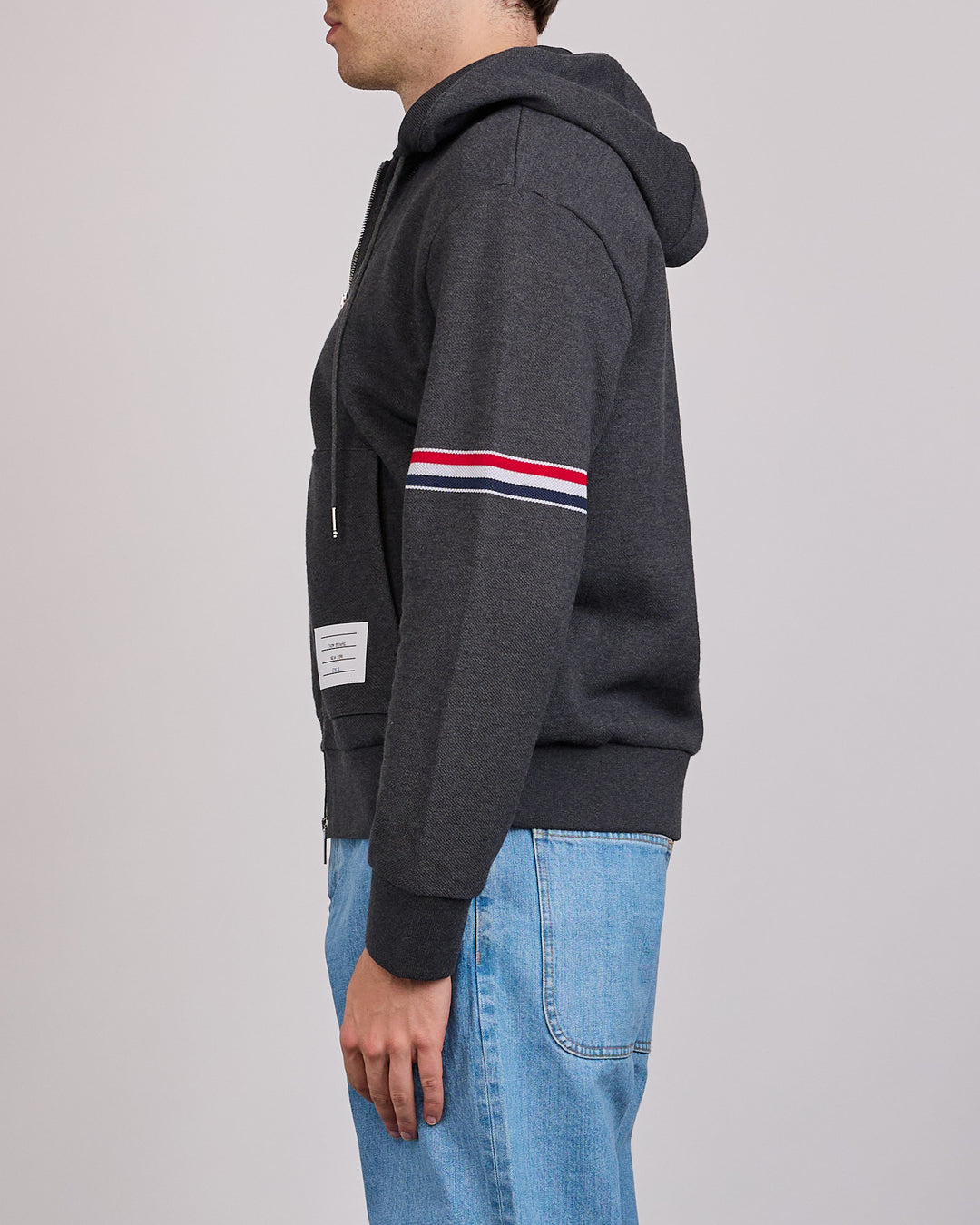 Thom Browne Pique Loopback RWB Stripe Zip Hoodie Charcoal