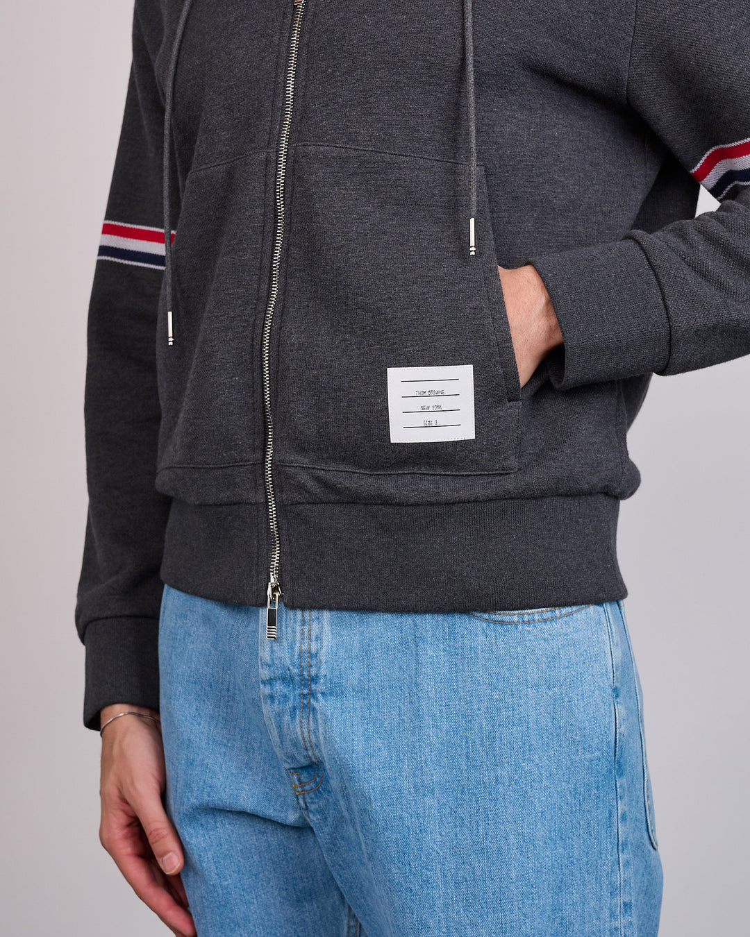 Thom Browne Pique Loopback RWB Stripe Zip Hoodie Charcoal