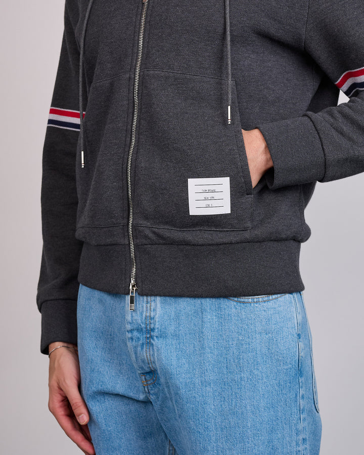 Thom Browne Pique Loopback RWB Stripe Zip Hoodie Charcoal