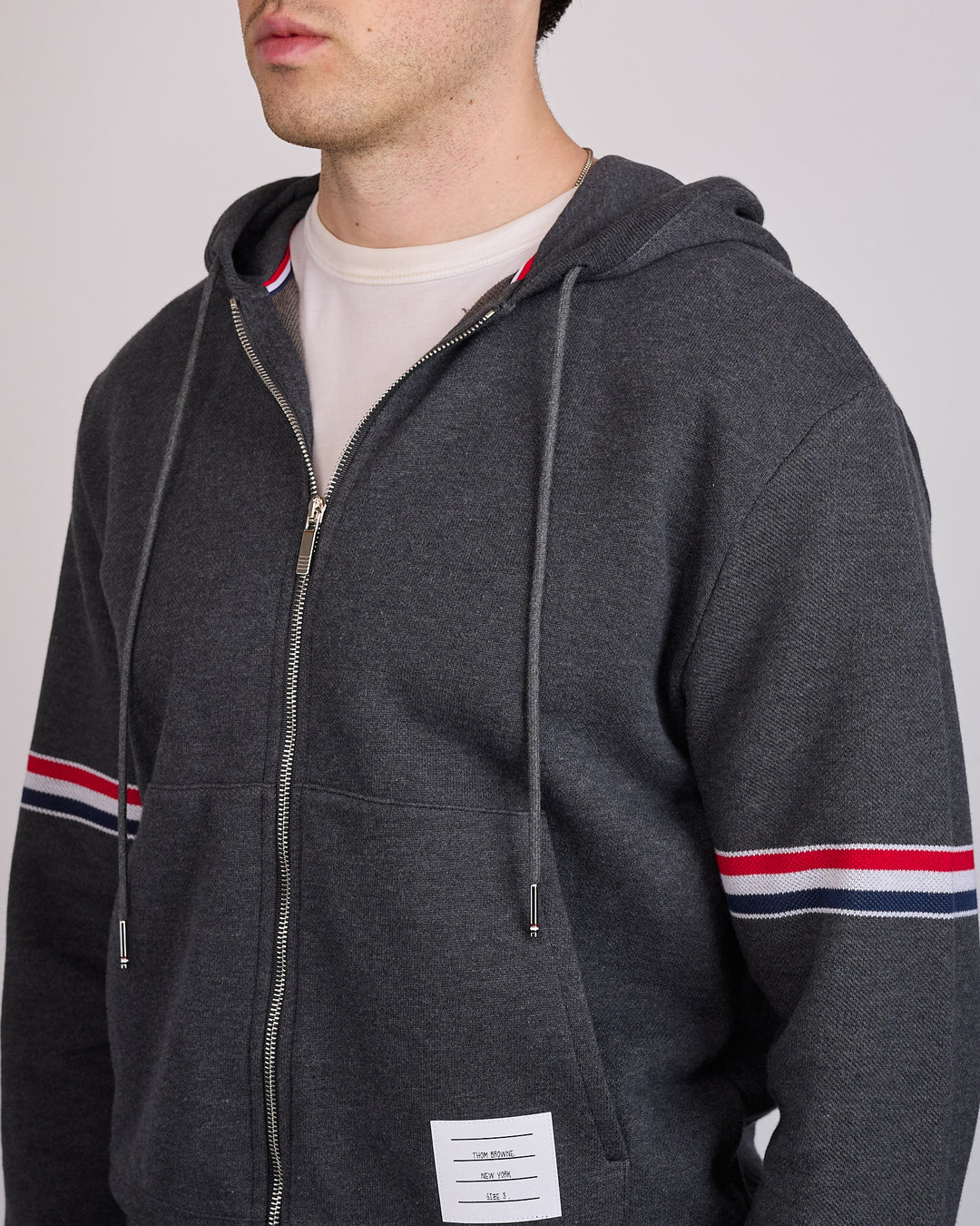 Thom Browne Pique Loopback RWB Stripe Zip Hoodie Charcoal
