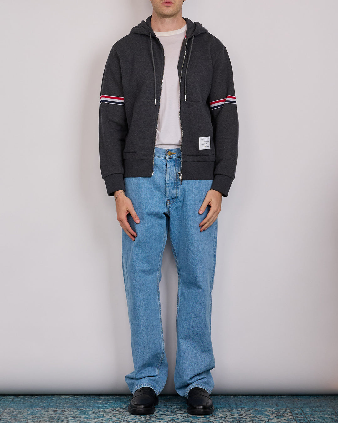 Thom Browne Pique Loopback RWB Stripe Zip Hoodie Charcoal
