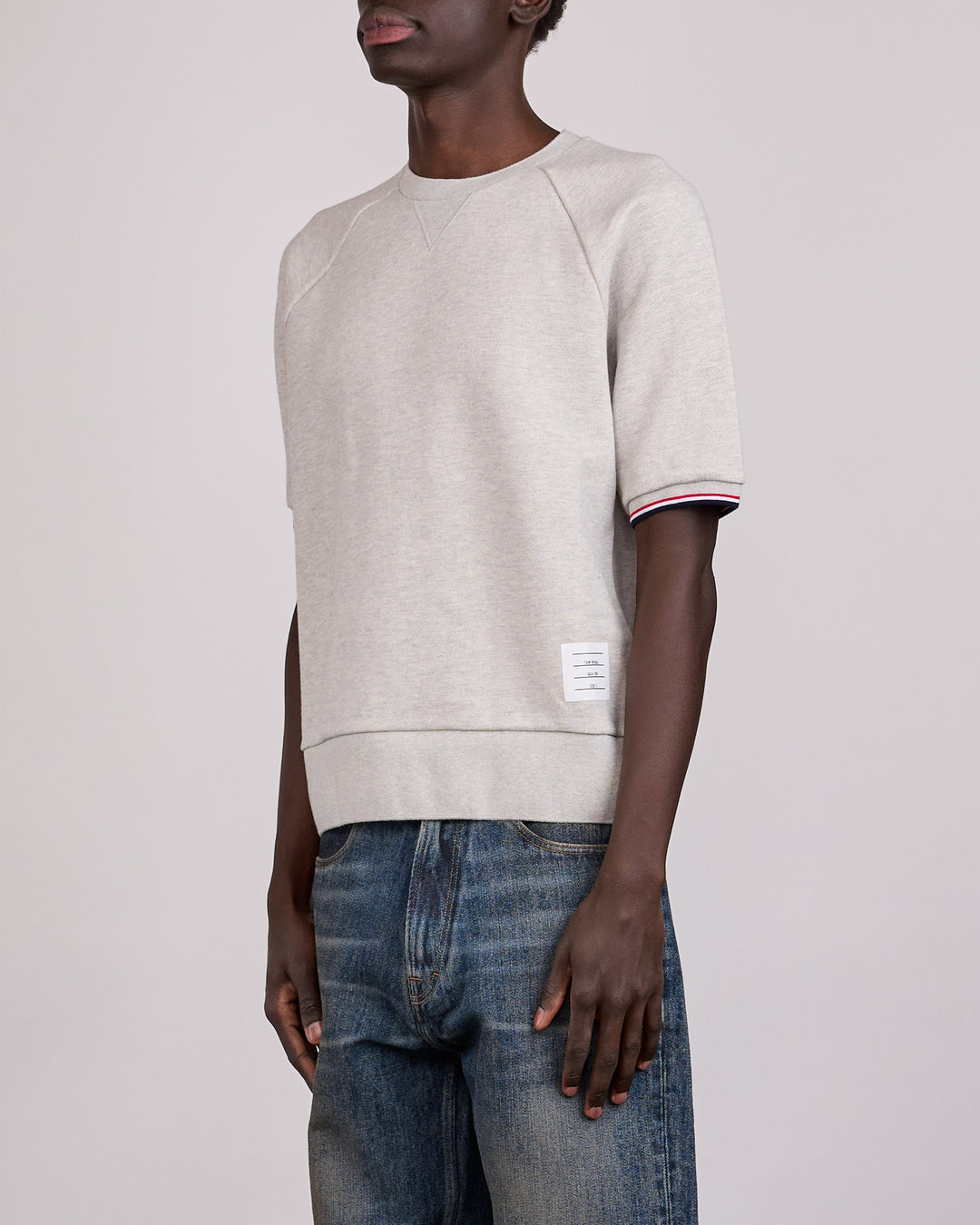 Thom Browne Pique Loopback Raglan RWB Tip T-Shirt Lt Grey