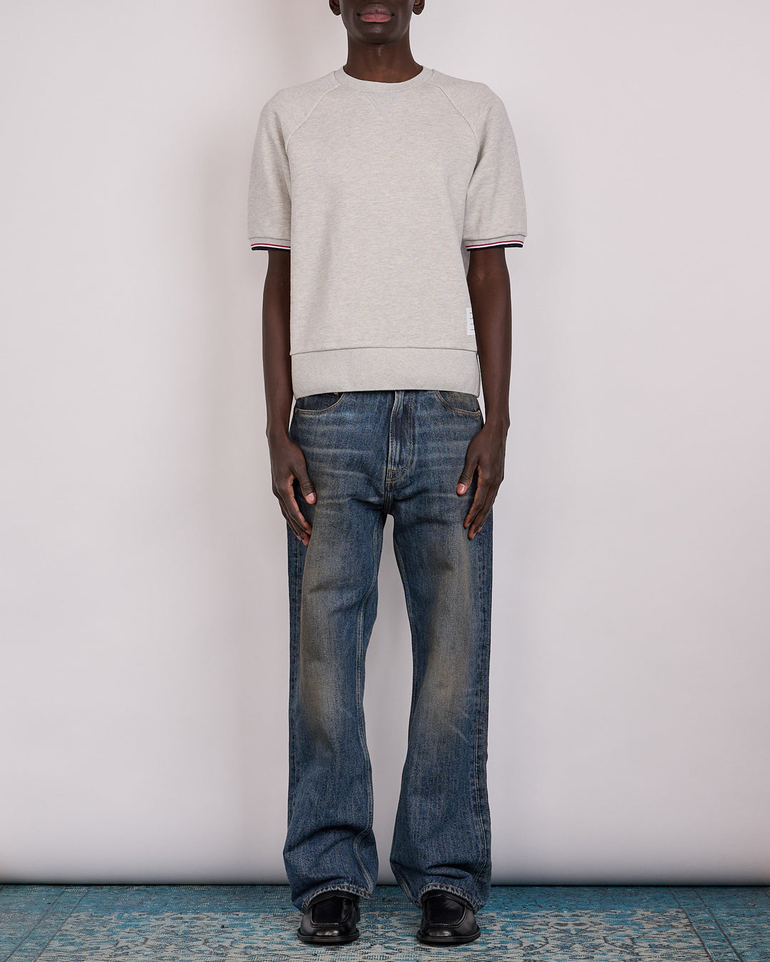 Thom Browne Pique Loopback Raglan RWB Tip T-Shirt Lt Grey