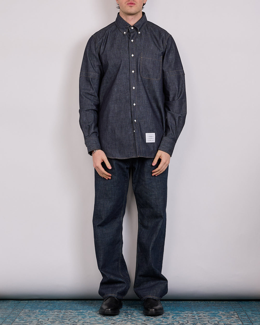 Thom Browne Straight Fit Denim Button Shirt Navy