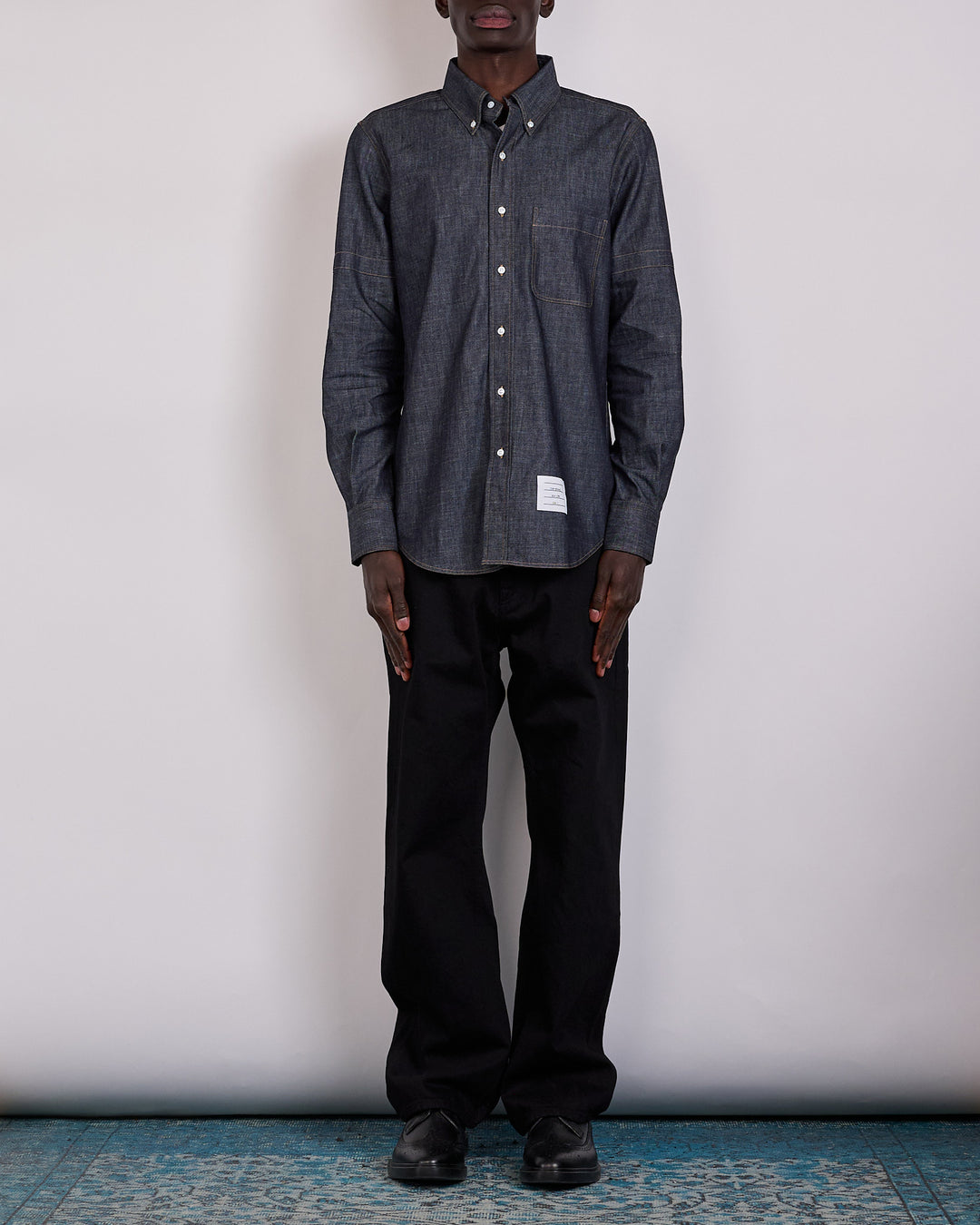 Thom Browne Straight Fit Denim Button Shirt Navy
