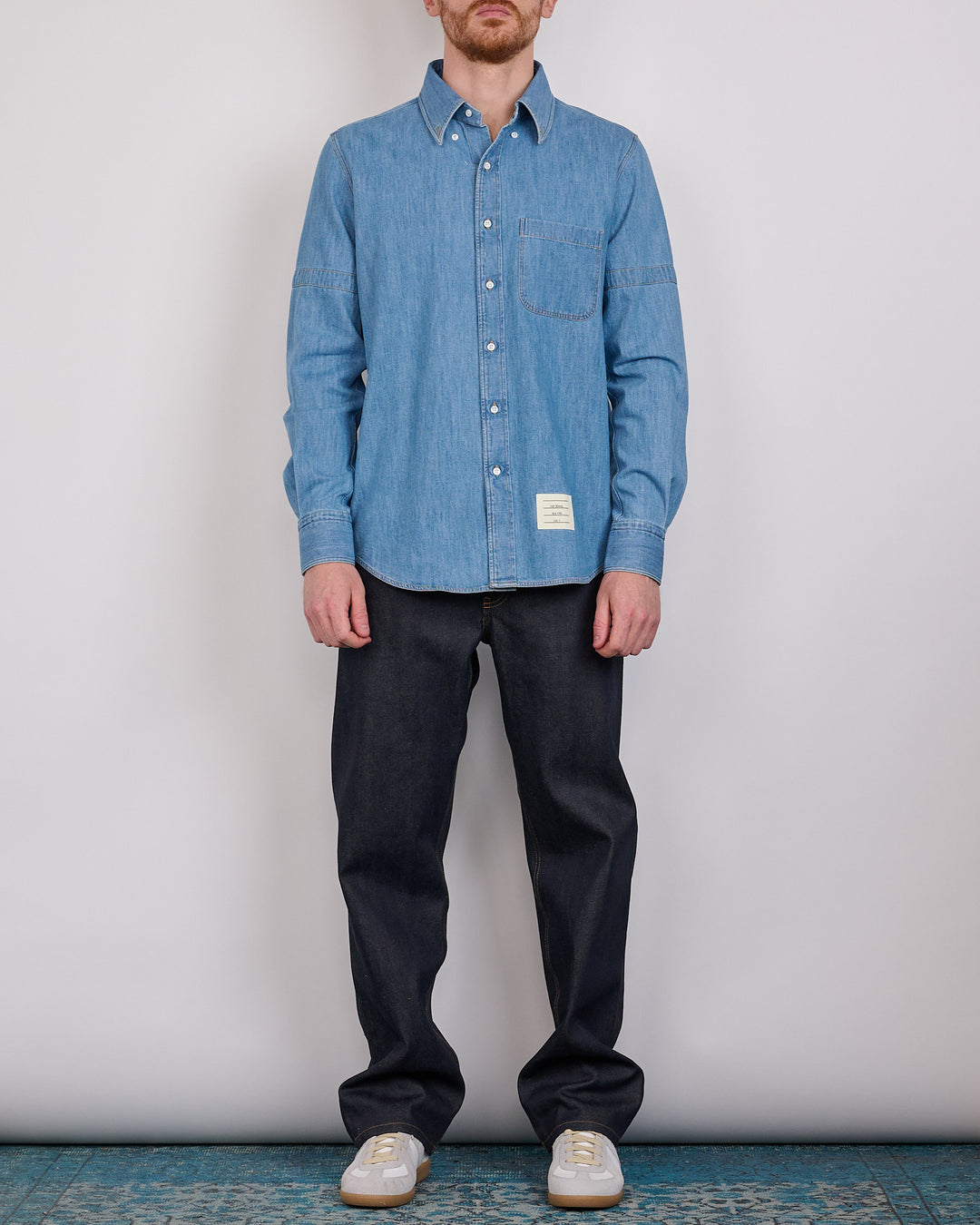 Thom Browne Straight Fit Denim RWB GG Armband Button Shirt Light Blue