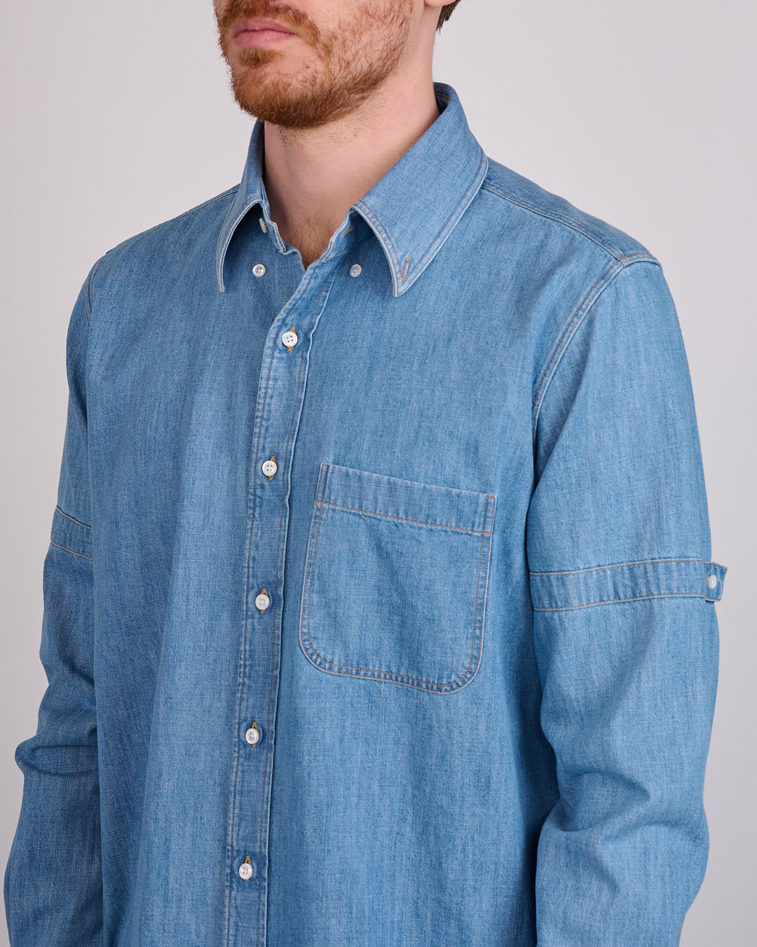Thom Browne Straight Fit Denim RWB GG Armband Button Shirt Light Blue