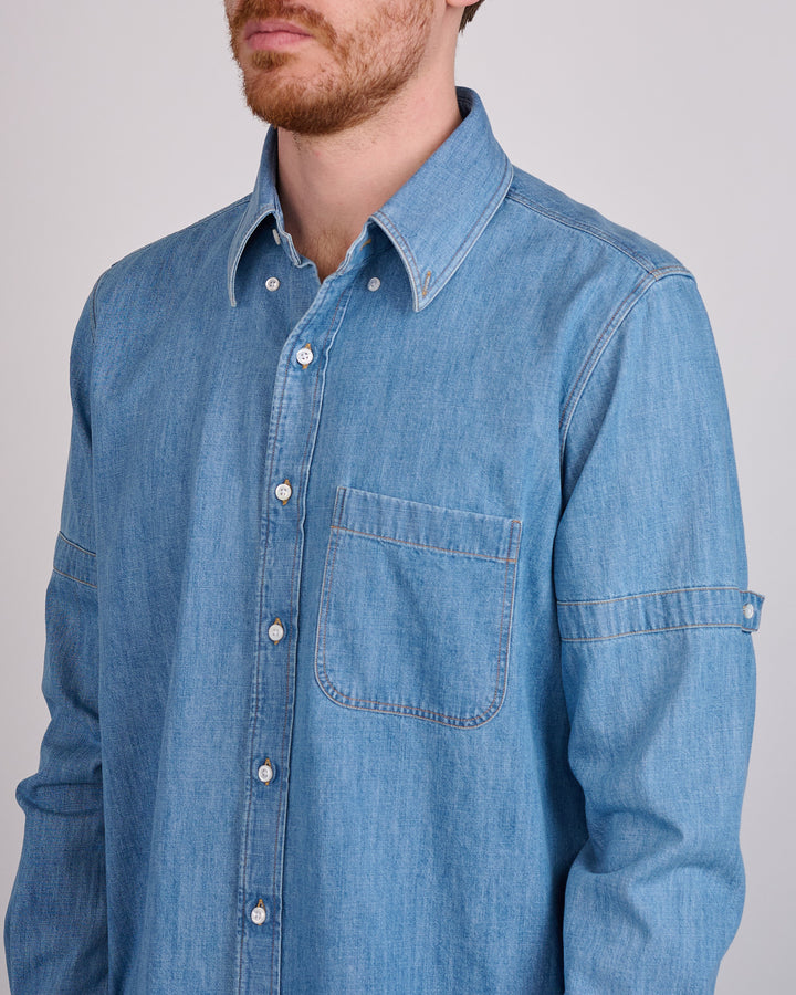 Thom Browne Straight Fit Denim RWB GG Armband Button Shirt Light Blue