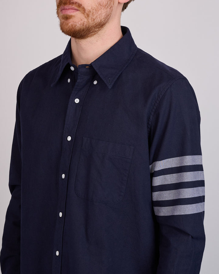 Thom Browne Straight Fit Flannel 4 Bar Button Shirt Navy