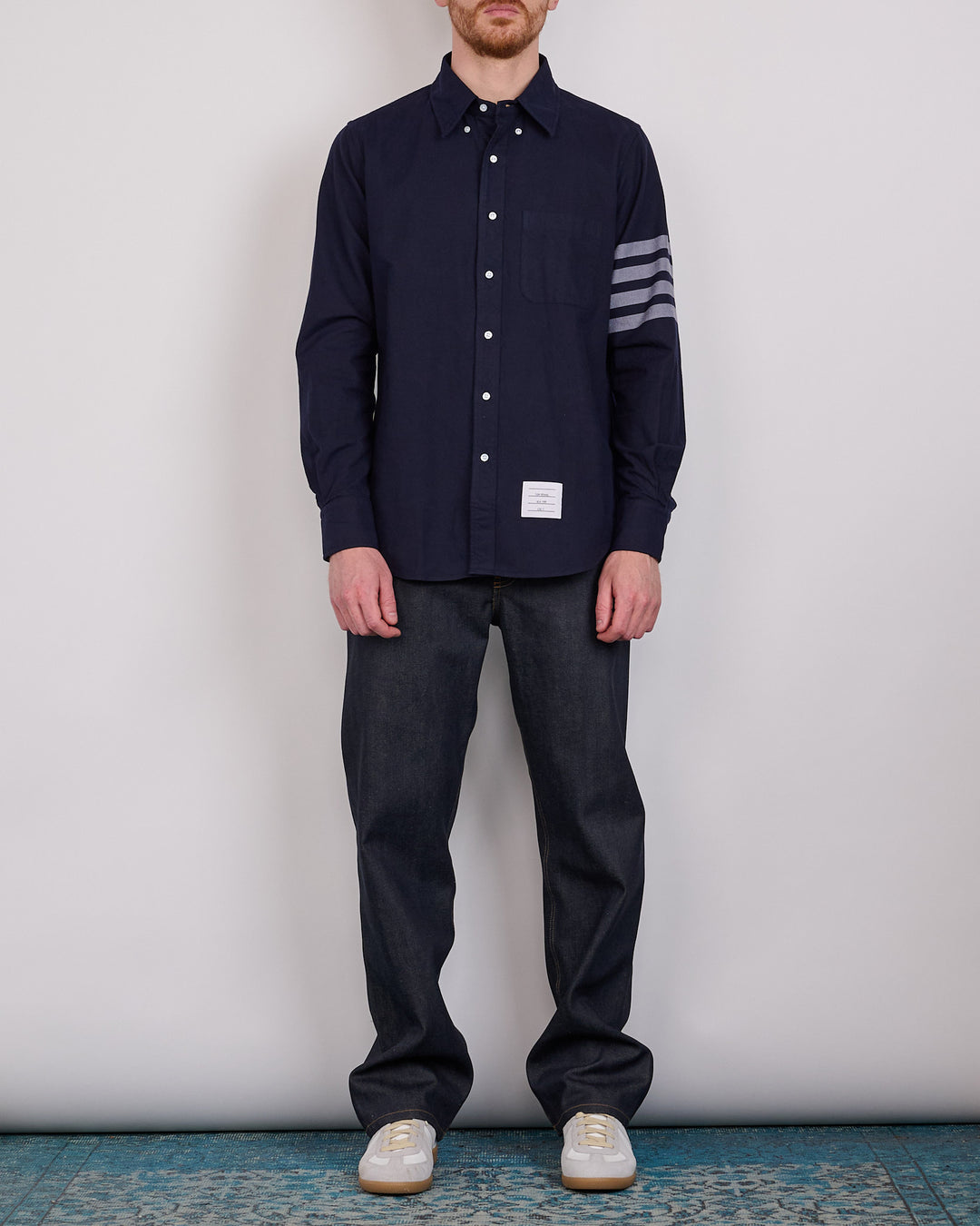 Thom Browne Straight Fit Flannel 4 Bar Button Shirt Navy