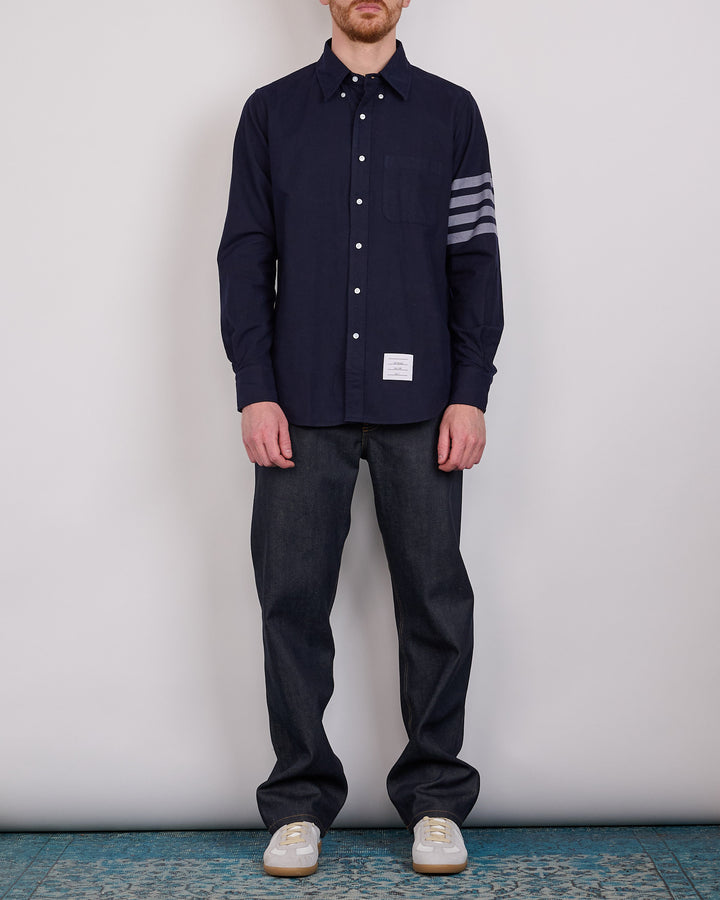 Thom Browne Straight Fit Flannel 4 Bar Button Shirt Navy