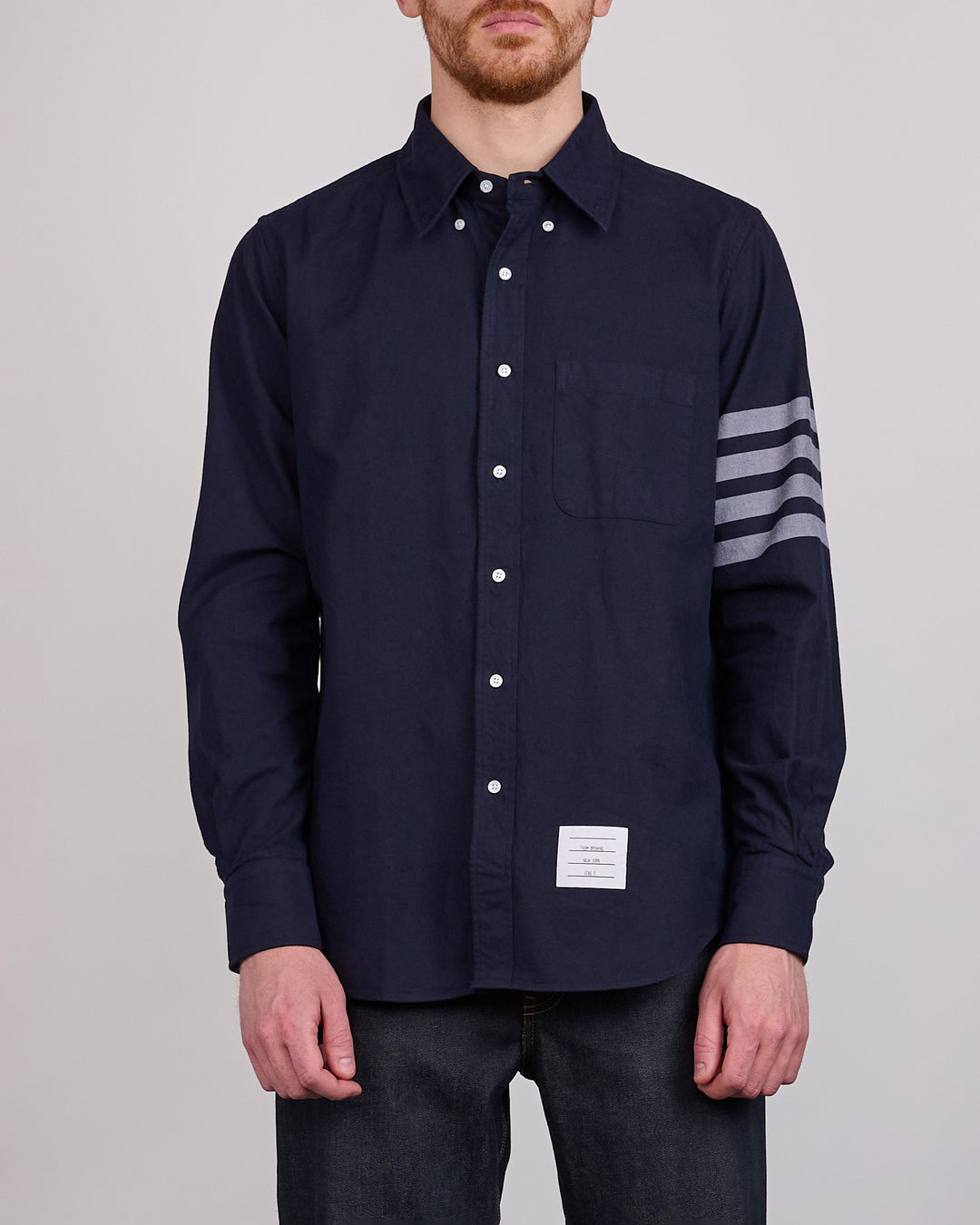 Thom Browne Straight Fit Flannel 4 Bar Button Shirt Navy