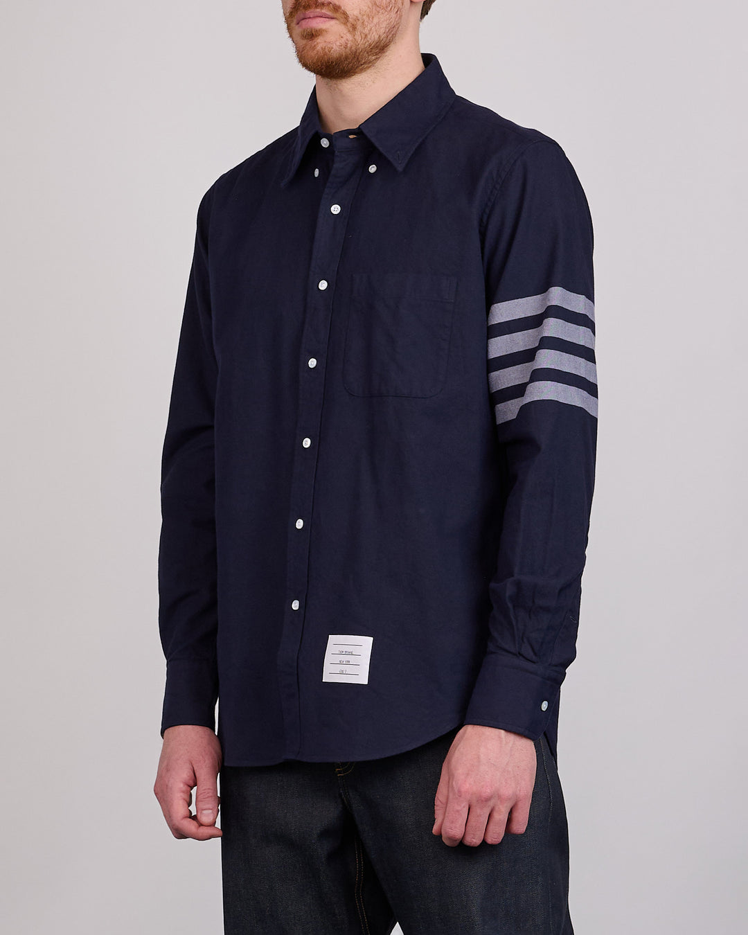 Thom Browne Straight Fit Flannel 4 Bar Button Shirt Navy