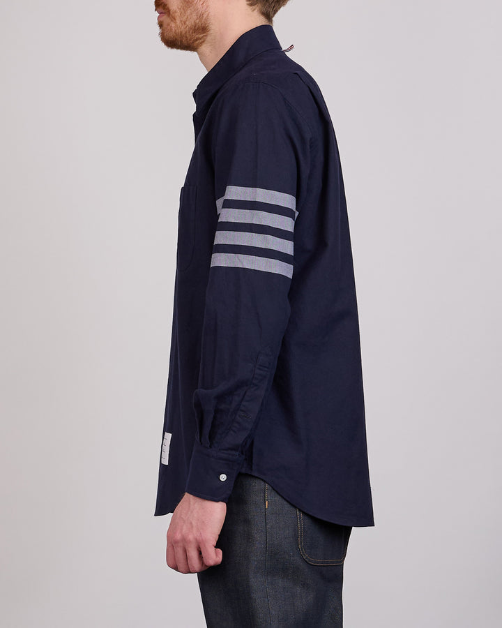 Thom Browne Straight Fit Flannel 4 Bar Button Shirt Navy