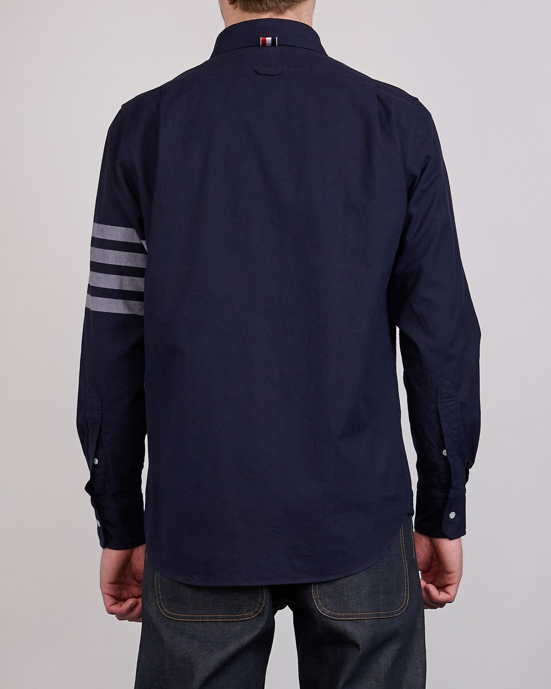 Thom Browne Straight Fit Flannel 4 Bar Button Shirt Navy
