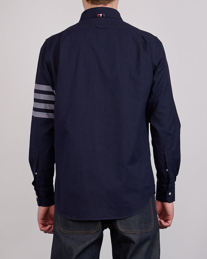 Thom Browne Straight Fit Flannel 4 Bar Button Shirt Navy
