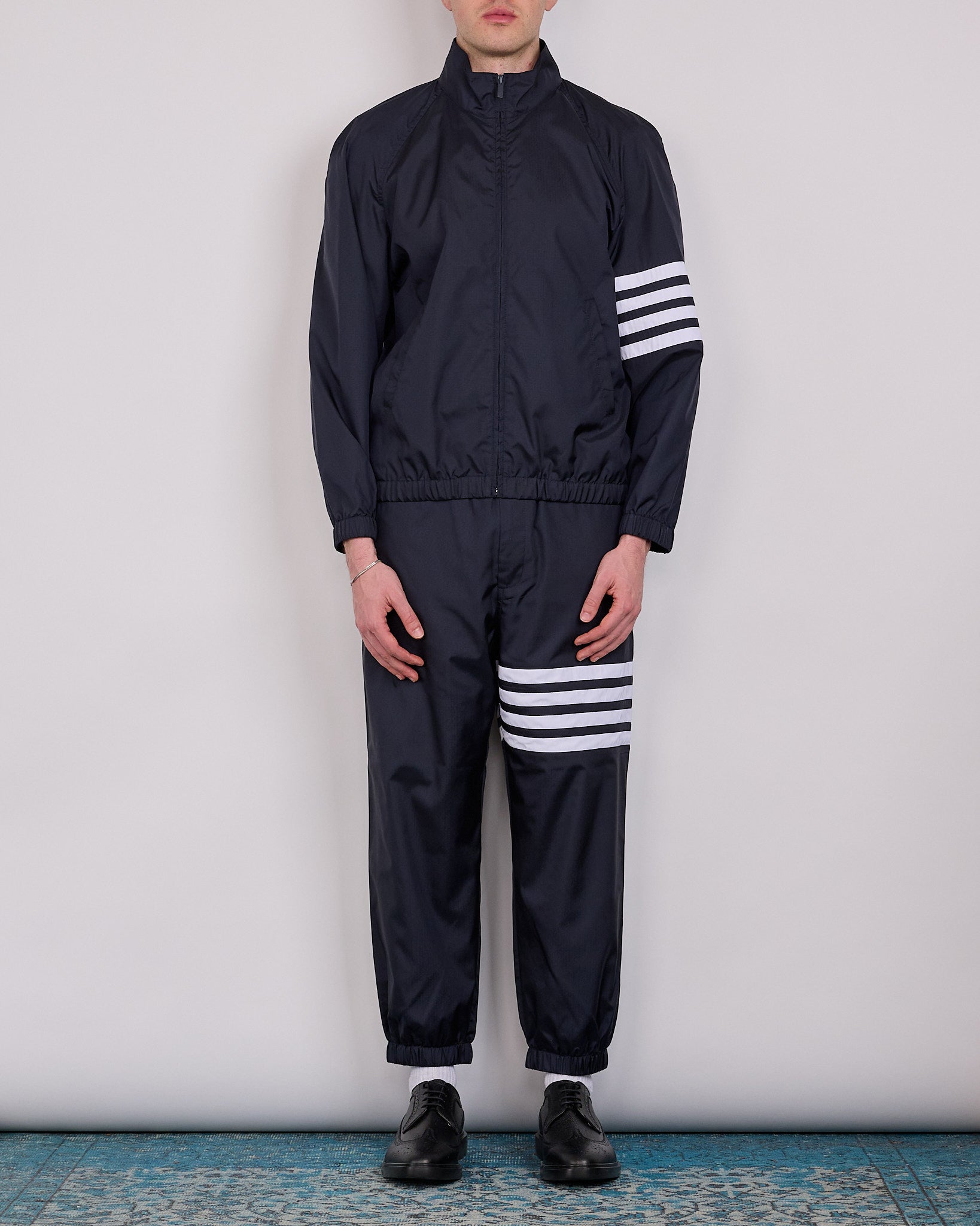 Thom Browne Zip Front Raglan 4 Bar Ripstop Track Pant Navy – LESS 17