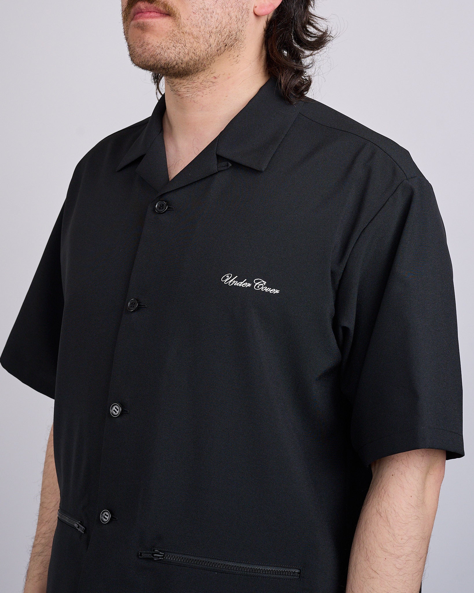 UNDERCOVER Script Logo Zip Pocket Camp Button Shirt Black – LESS 17