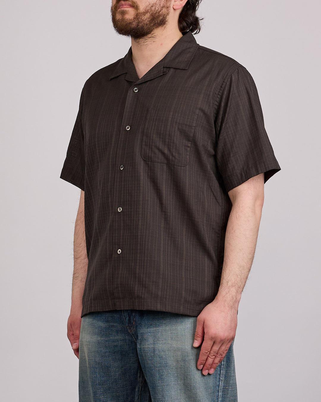 nanamica Open Collar Panama Short Sleeve Button Down Shirt Charcoal