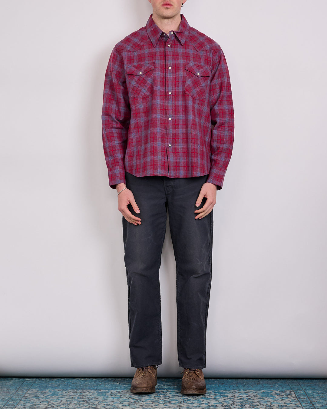 visvim Four Corners Check Long Sleeve Snap Shirt Red