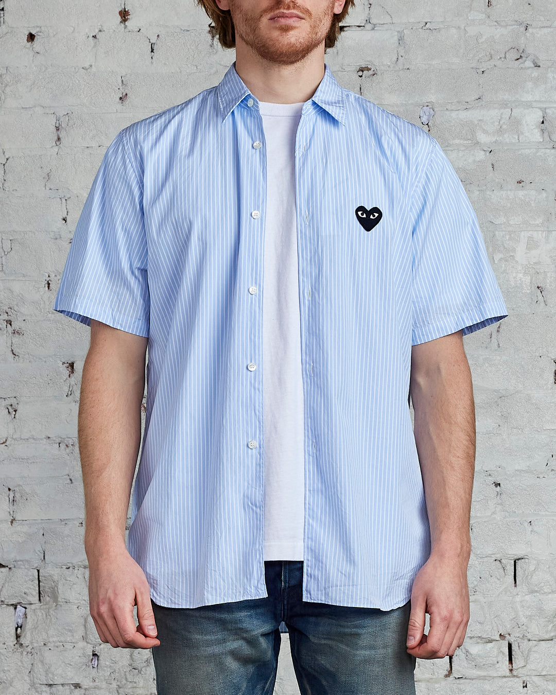 Comme des Garçons PLAY Black Heart Striped Short Sleeve Button Shirt Blue