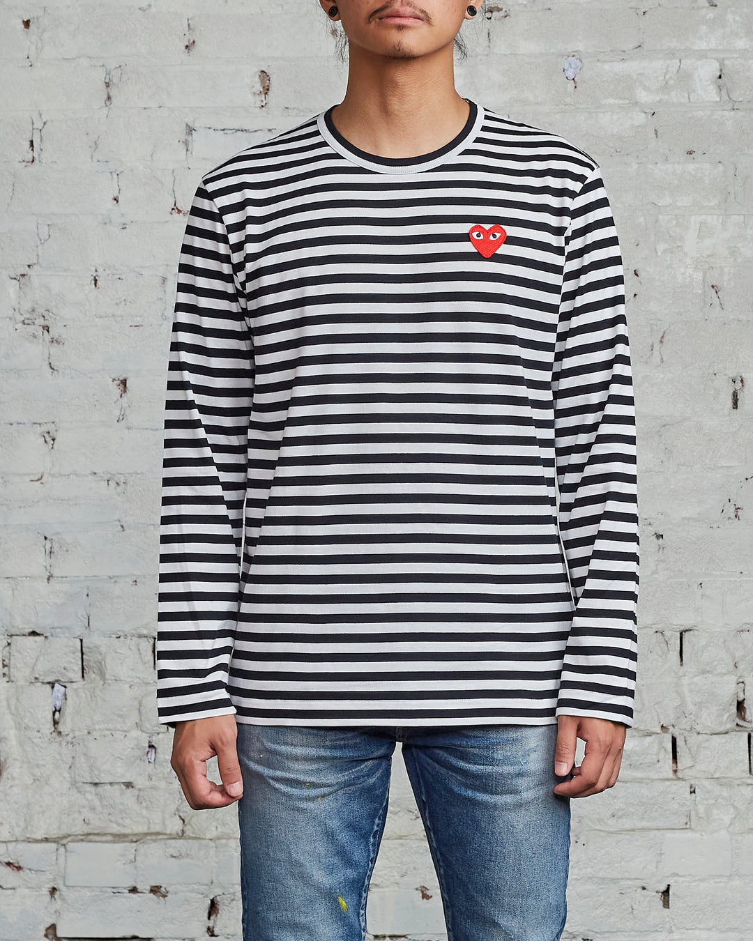 Comme des Garçons PLAY Red Heart Striped Long Sleeve T-Shirt Black