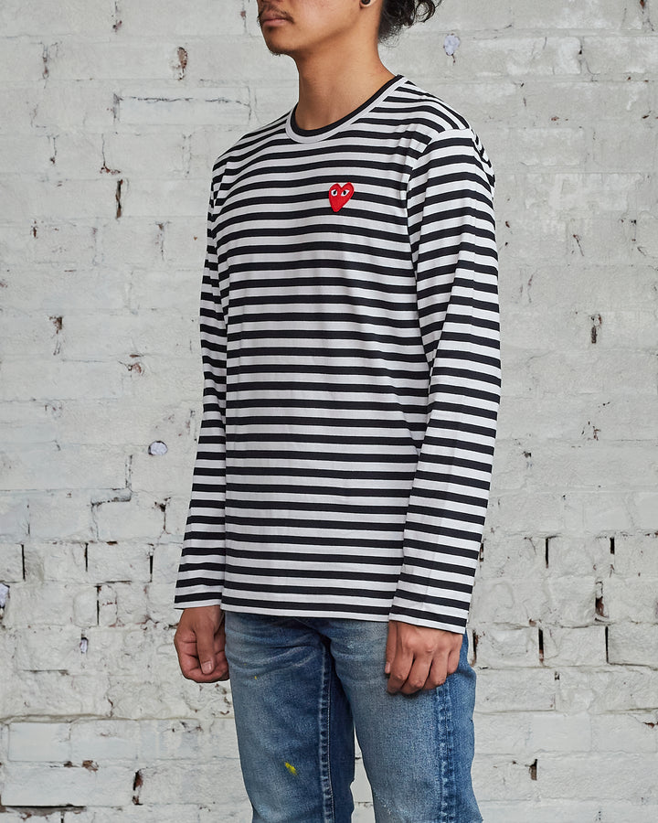 Comme des Garçons PLAY Red Heart Striped Long Sleeve T-Shirt Black / White