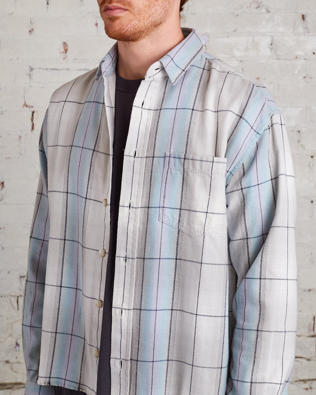 John Elliott Hemi Oversized Long Sleeve Button Shirt Grey x Teal