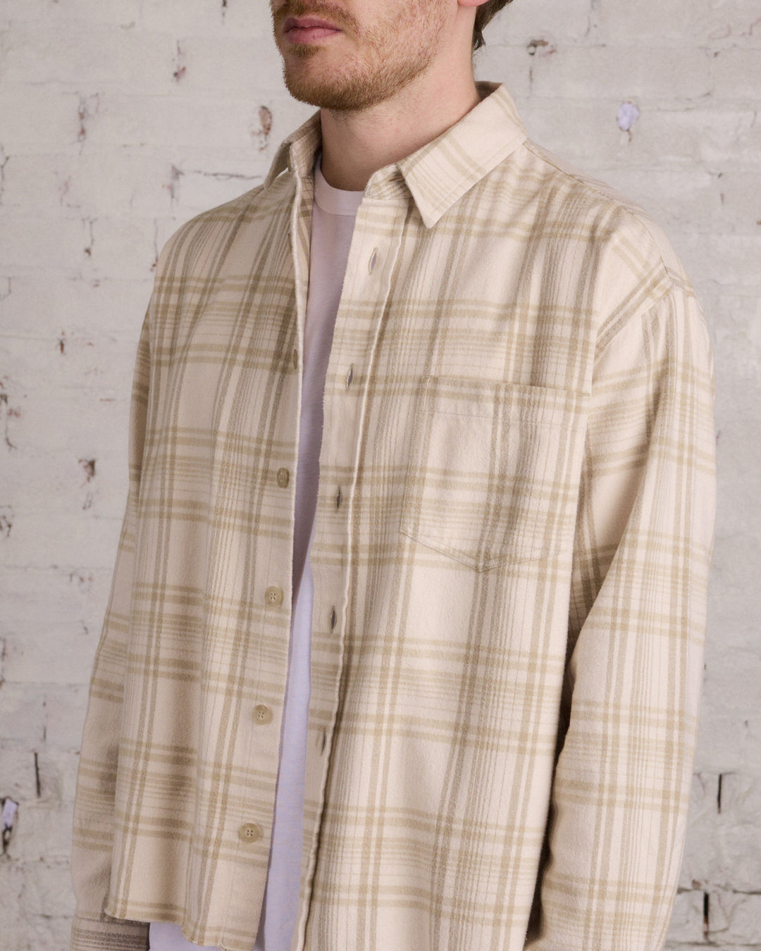 John Elliott Hemi Oversized Long Sleeve Button Shirt Wheat Check
