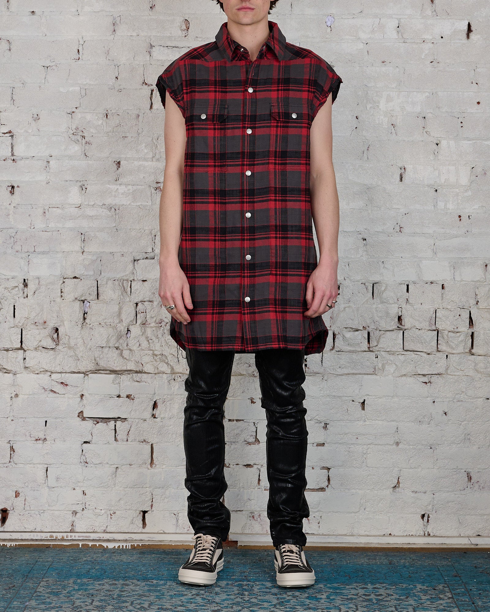 Rick Owens DRKSHDW Jumbo Sleeveless Outershirt Red Cotton Plaid