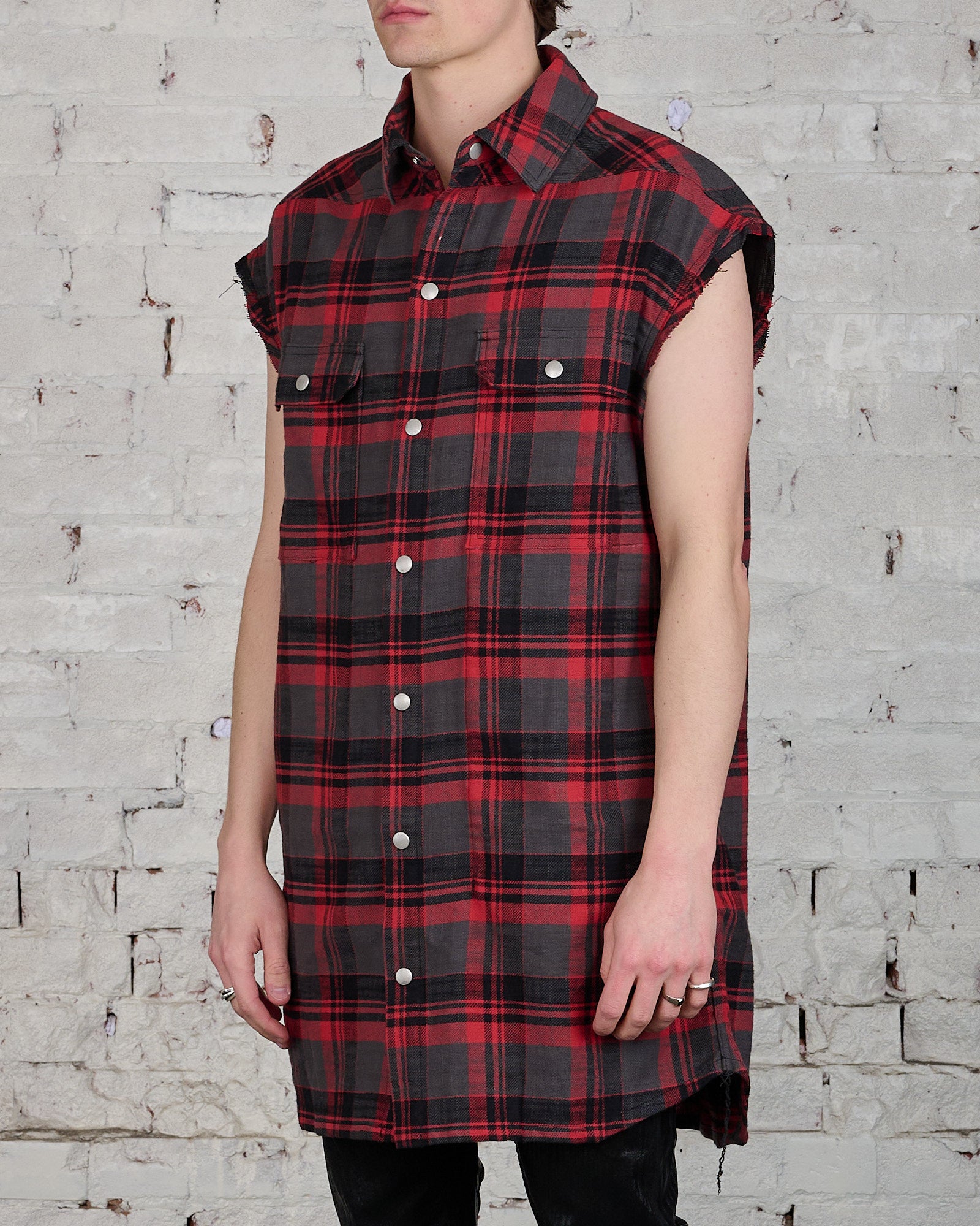 Rick Owens DRKSHDW Jumbo Sleeveless Outershirt Red Cotton Plaid