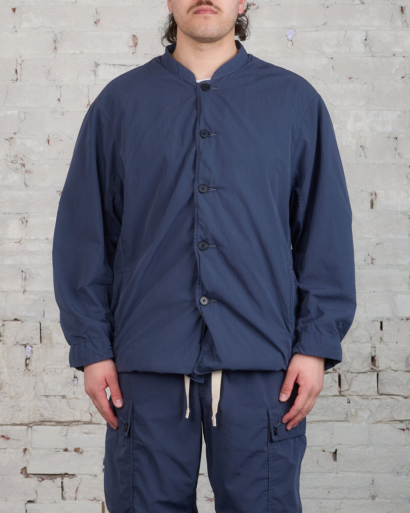 nanamica Broadcloth Band Collar Button Jacket Marine Navy